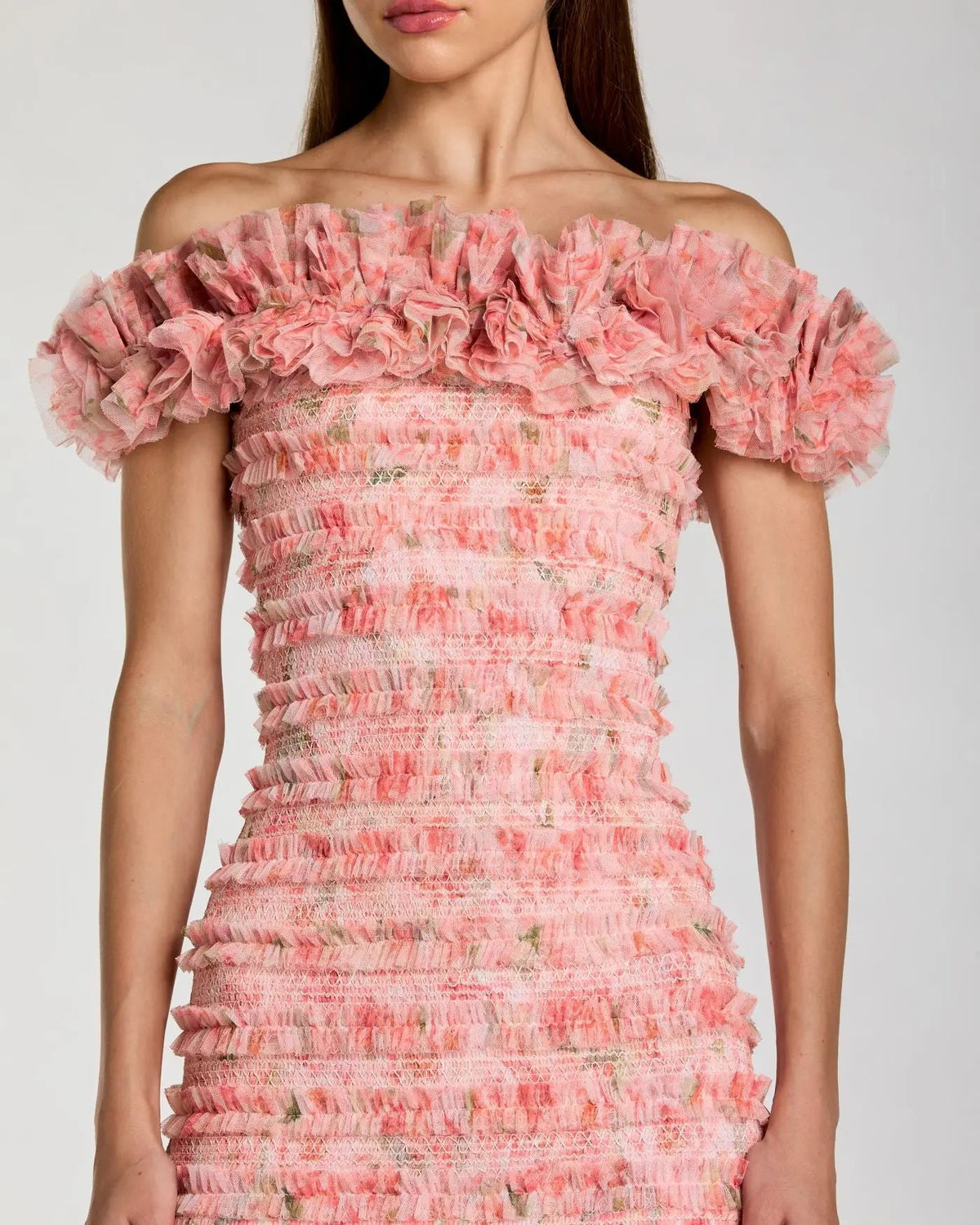 Close up of smocked bodice and off the shoulder ruffle neckline on Mac Duggal 8432