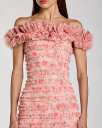 Close up of smocked bodice and off the shoulder ruffle neckline on Mac Duggal 8432
