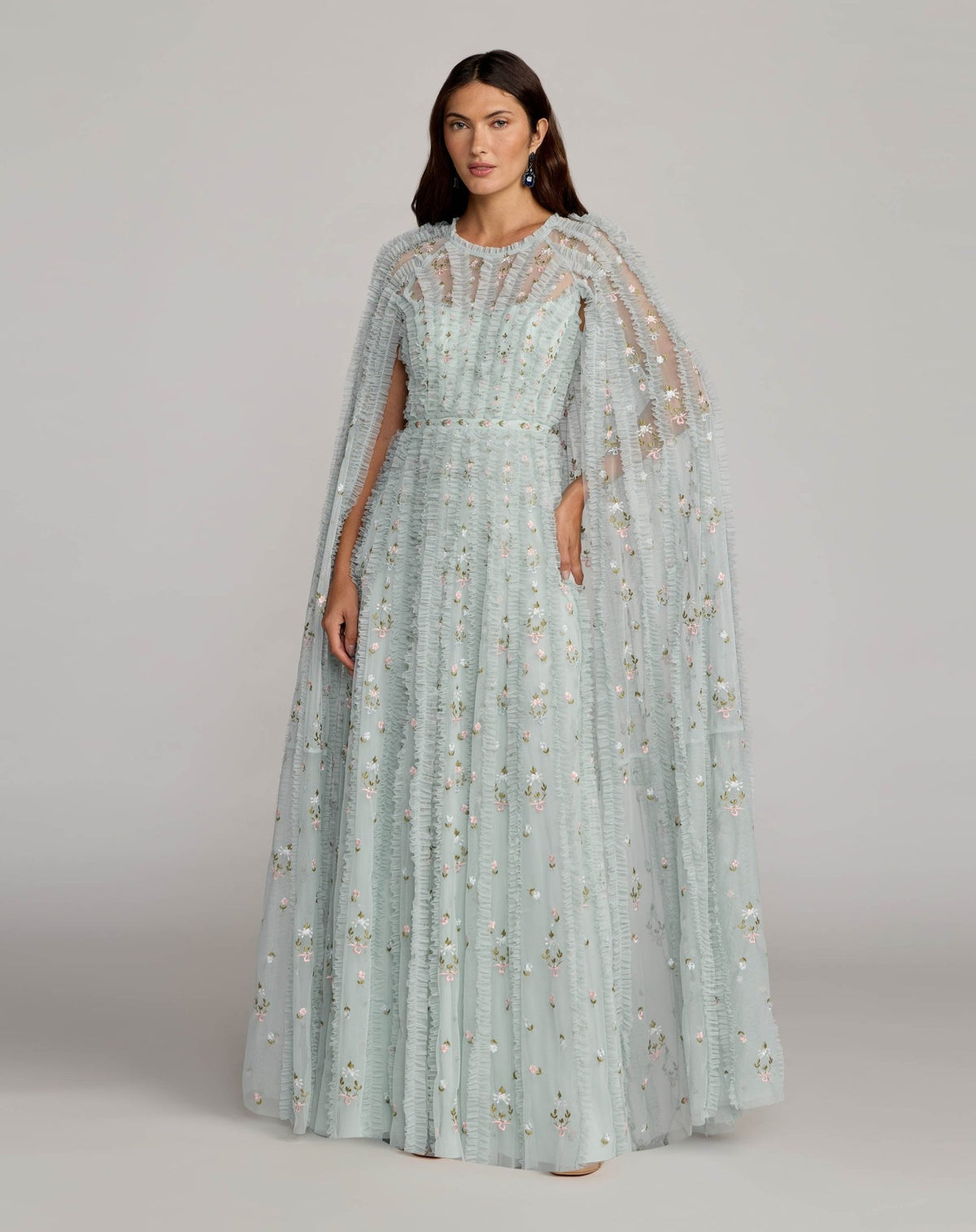 Embroidered High Neck Cape Sleeve Gown