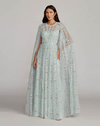 Embroidered High Neck Cape Sleeve Gown