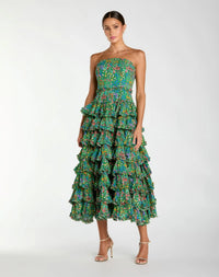 Mac Duggal Strapless Floral Cotton Ruffle Midi Dress #8459 Green Multi