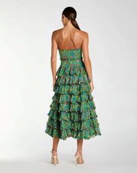Mac Duggal Strapless Floral Cotton Ruffle Midi Dress #8459 Green Multi