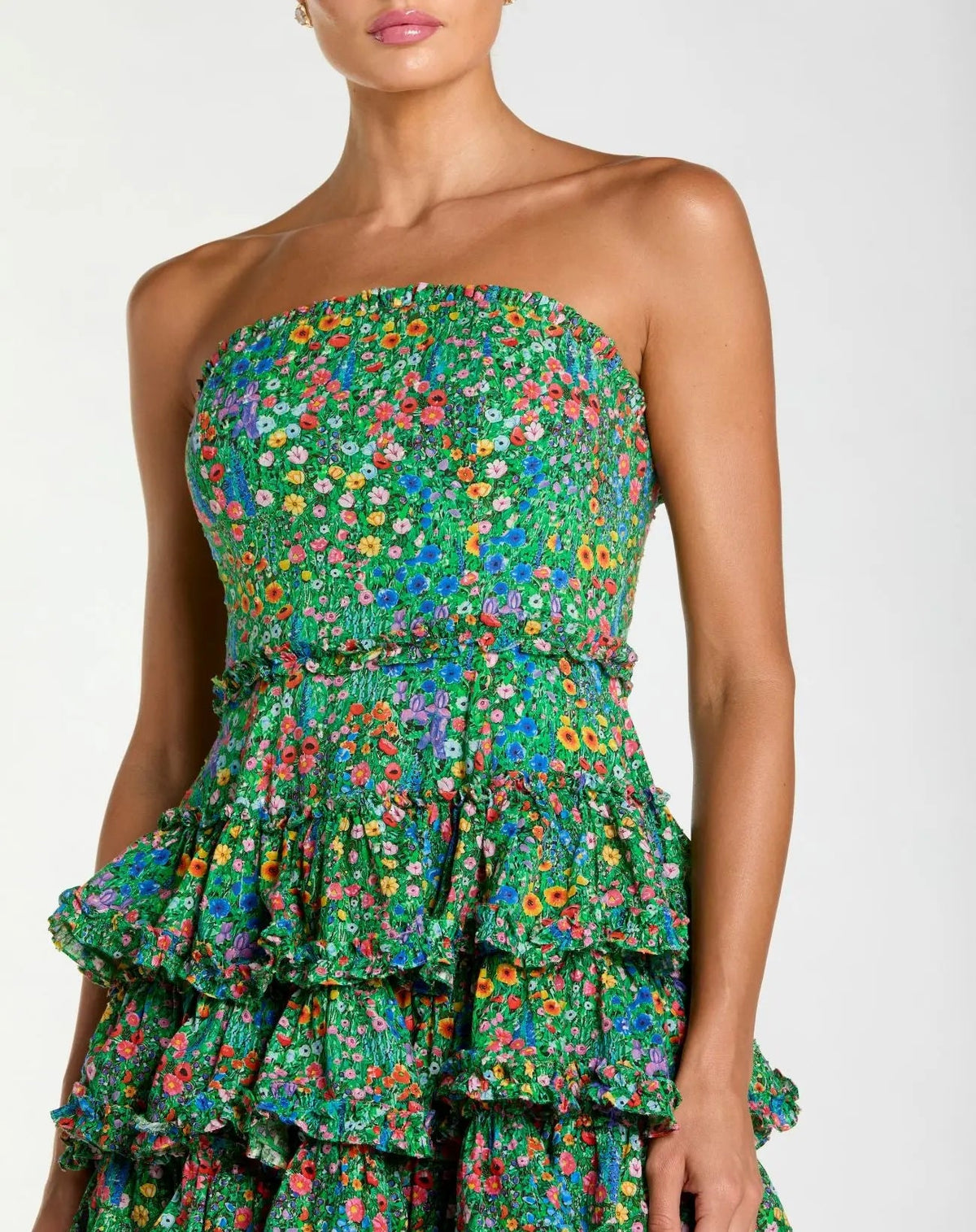 Mac Duggal Strapless Floral Cotton Ruffle Midi Dress #8459 Green Multi