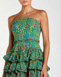 Mac Duggal Strapless Floral Cotton Ruffle Midi Dress #8459 Green Multi