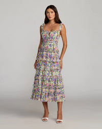 Mac Duggal #8460 multi floral tiered cotton midi dress