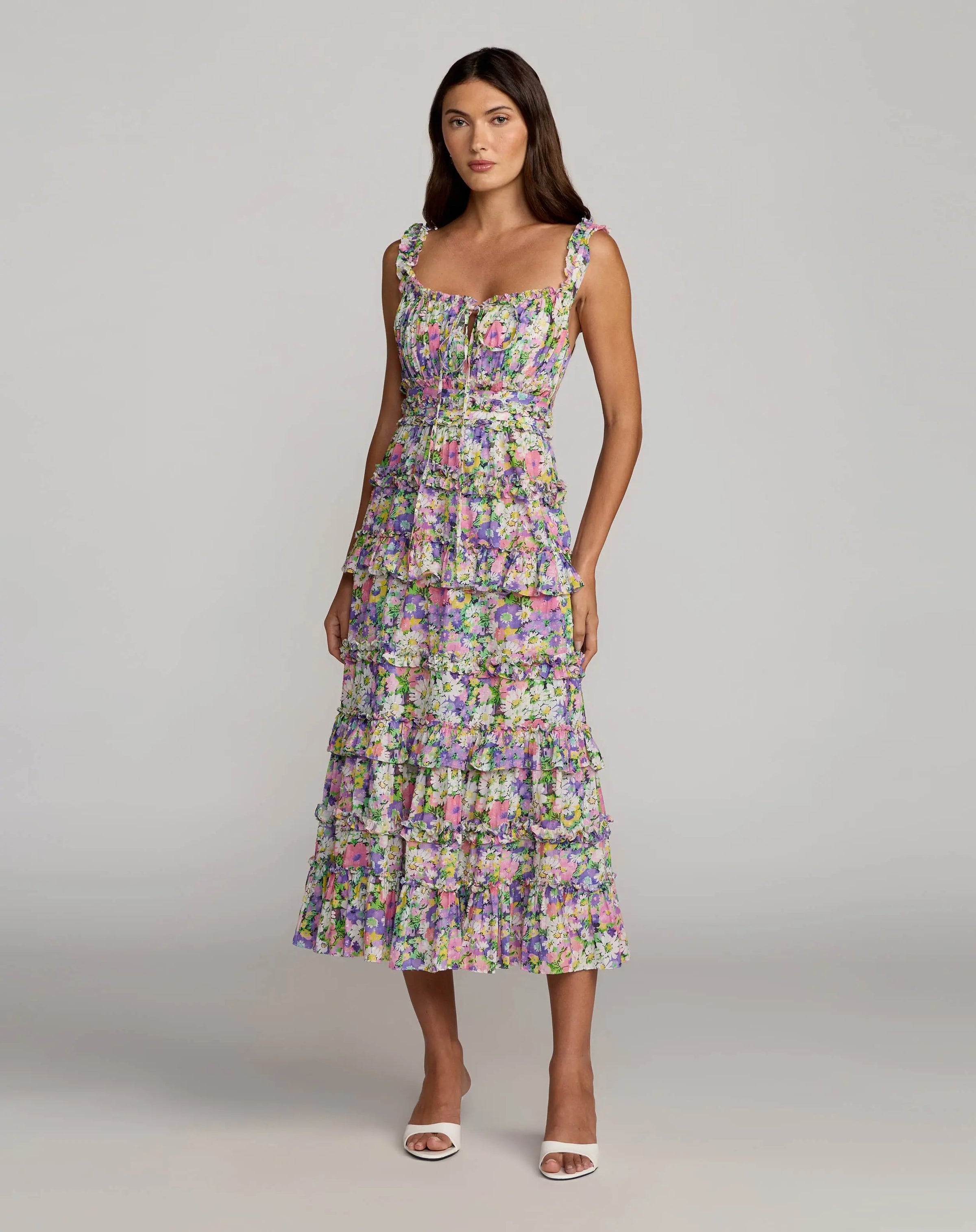 Mac Duggal #8460 multi floral tiered cotton midi dress