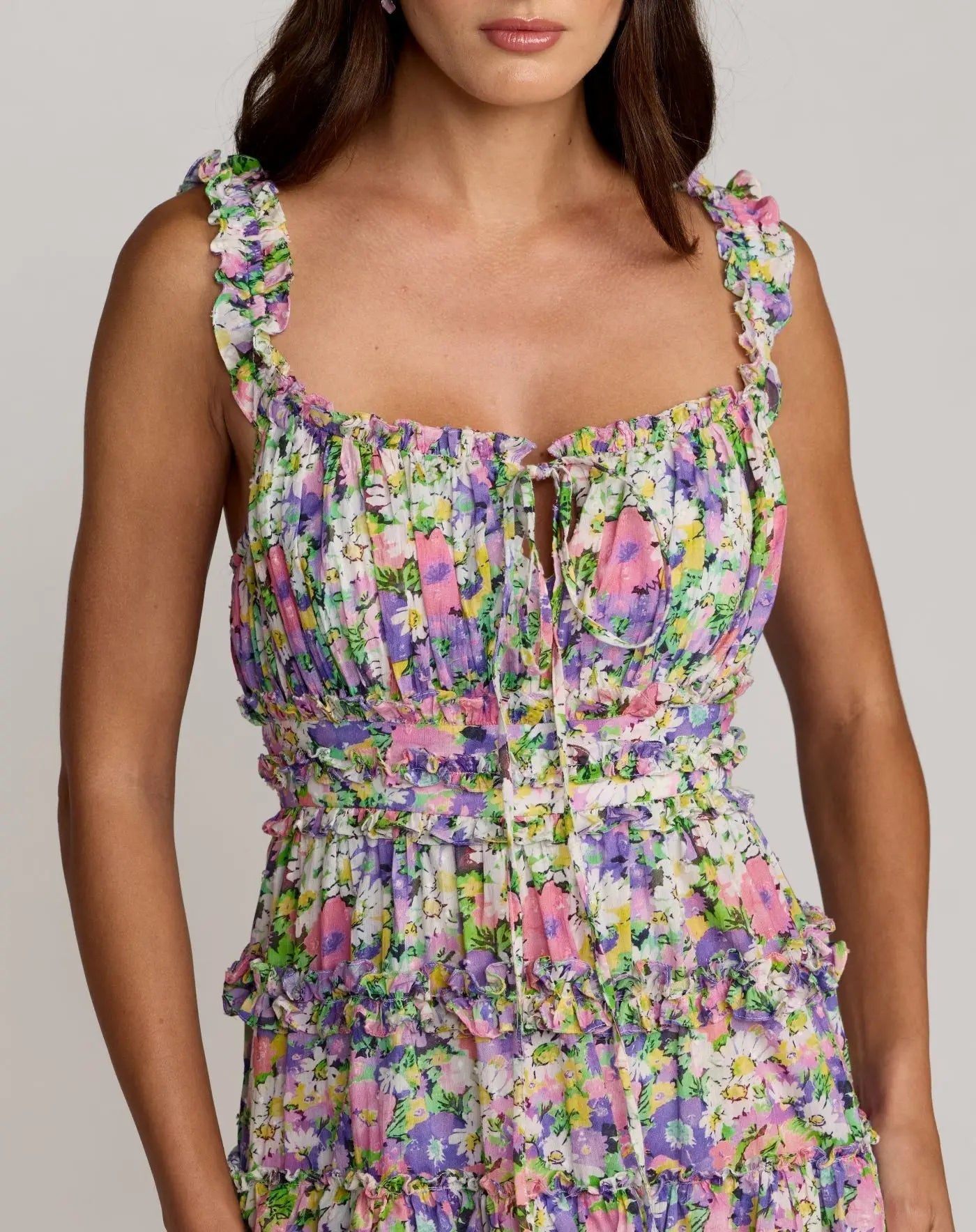 Mac Duggal #8460 multi floral tiered cotton midi dress