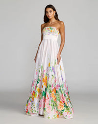 Mac Duggal White Floral Print Strapless Satin A Line Gown With Pockets #8470 Ivory Multi