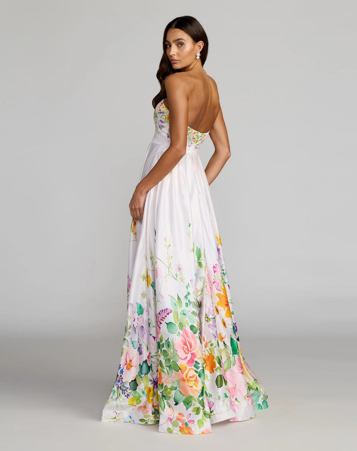 Mac Duggal White Floral Print Strapless Satin A Line Gown With Pockets #8470 Ivory Multi