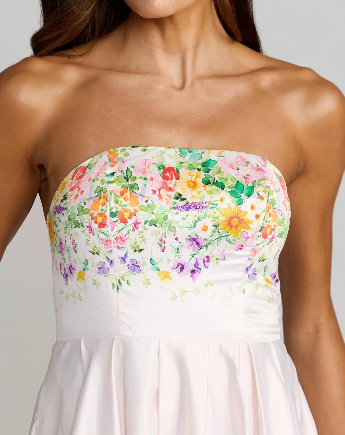 Mac Duggal White Floral Print Strapless Satin A Line Gown With Pockets #8470 Ivory Multi