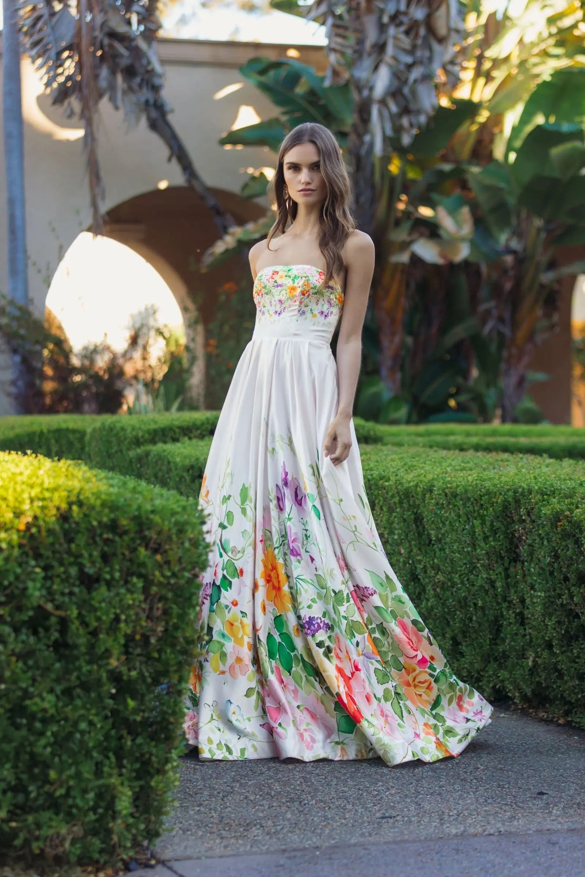 Mac Duggal White Floral Print Strapless Satin A Line Gown With Pockets #8470 Ivory Multi – Shaide Boutique Mac Duggal White Floral Print Strapless Satin A Line Gown With Pockets #8470 Ivory Multi – Shaide Boutique