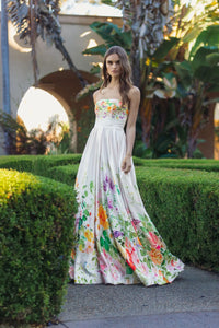 Mac Duggal White Floral Print Strapless Satin A Line Gown With Pockets #8470 Ivory Multi