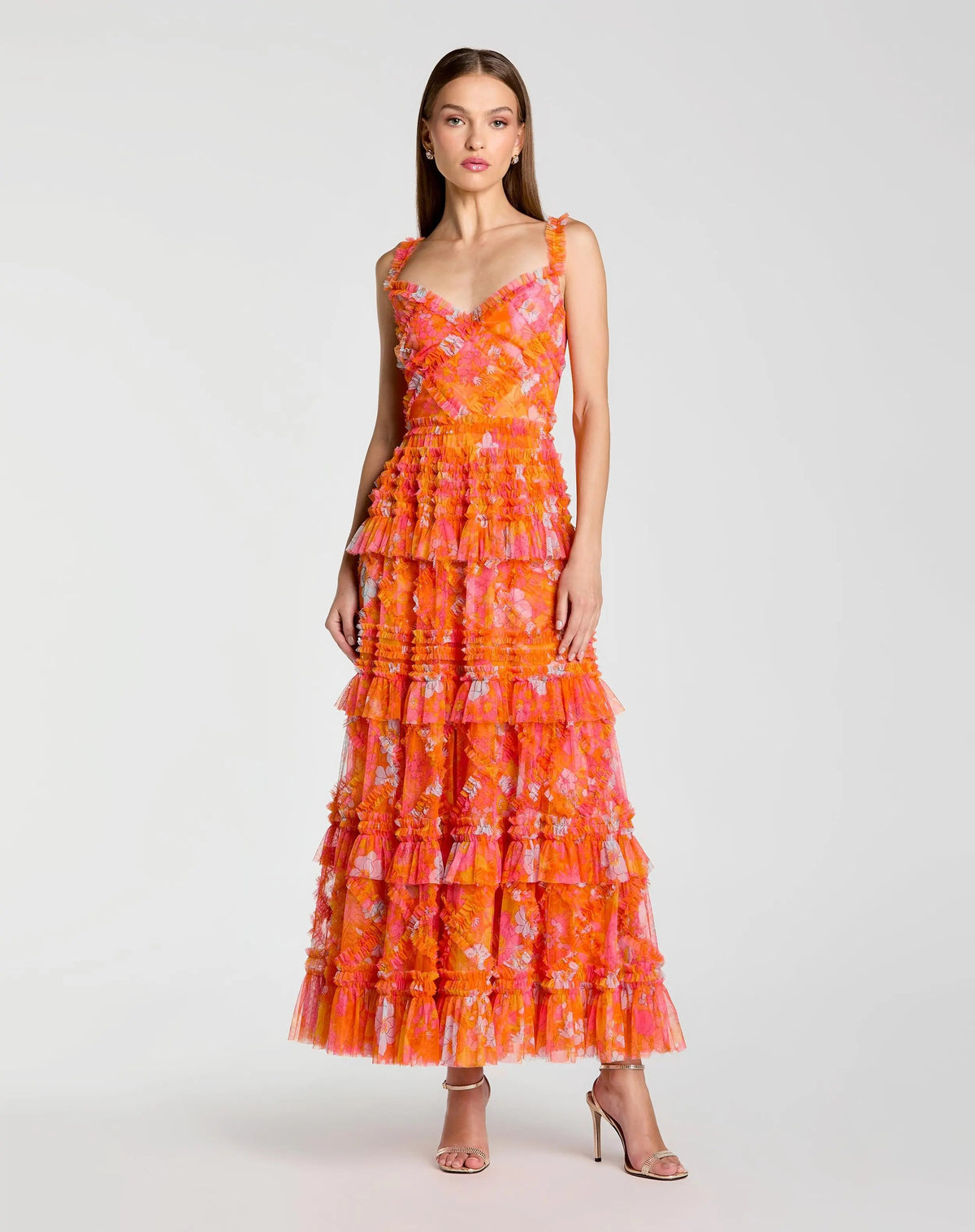 Mac Duggal #8475 Sleeveless Floral Ruffle A-Line Maxi Orange Multi