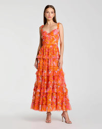 Mac Duggal #8475 Sleeveless Floral Ruffle A-Line Maxi Orange Multi
