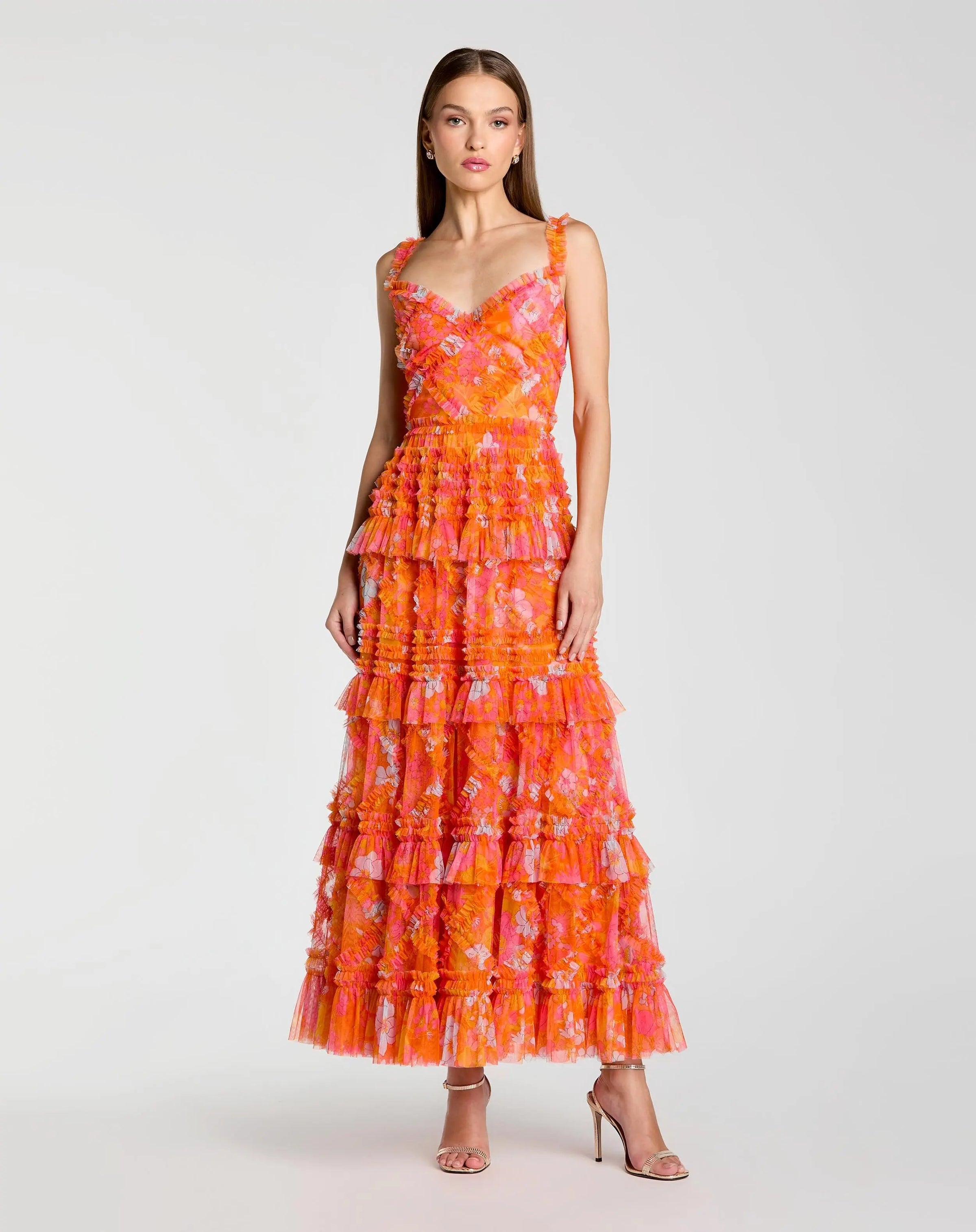 Mac Duggal #8475 Sleeveless Floral Ruffle A-Line Maxi Orange Multi