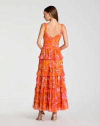 Sleeveless Floral Ruffle A-Line Maxi Dress - Orange Multi