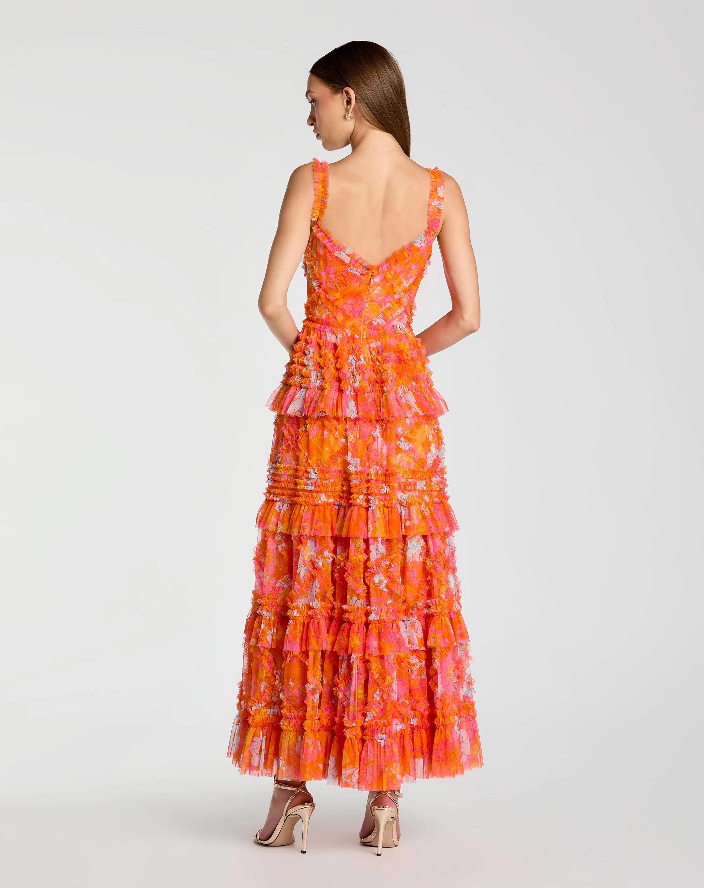 Sleeveless Floral Ruffle A-Line Maxi Dress - Orange Multi