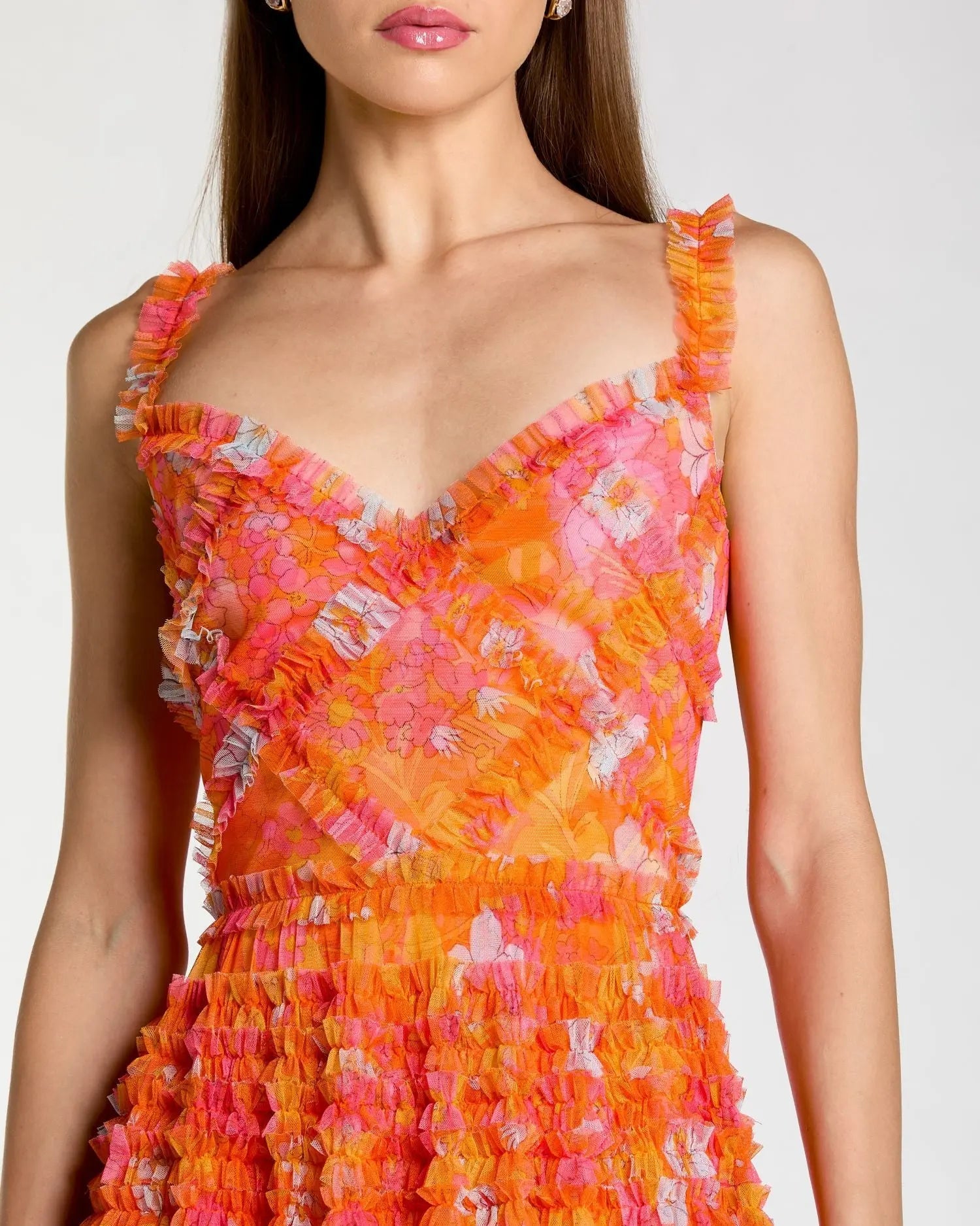 Sleeveless Floral Ruffle A-Line Maxi Dress - Orange Multi