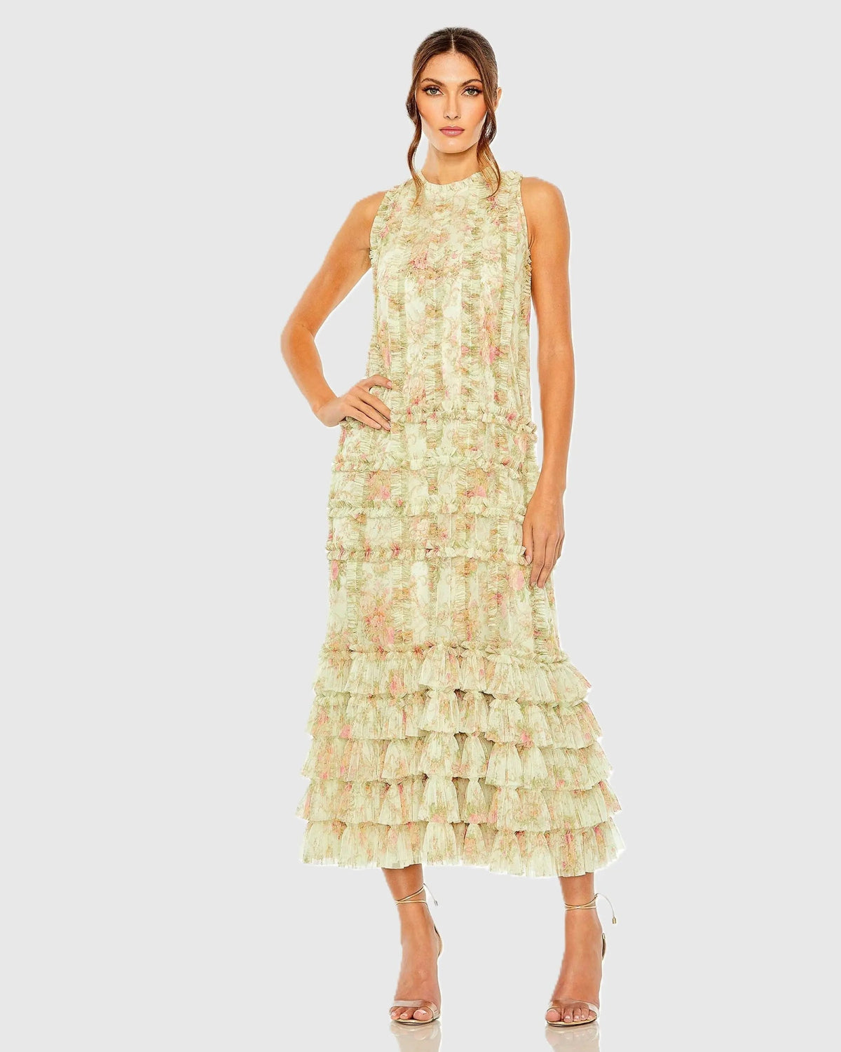Mac Duggal 8484 Sage Multi floral tiered ruffle sleeveless midi trapeze dress - front