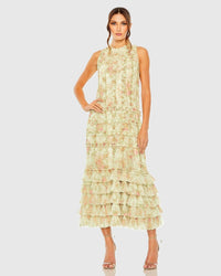 Mac Duggal 8484 Sage Multi floral tiered ruffle sleeveless midi trapeze dress - front