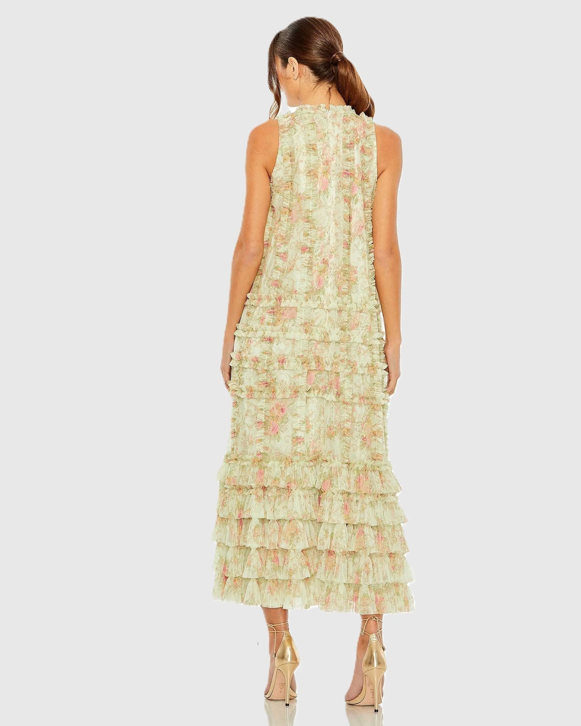 Mac Duggal 8484 Sage Multi floral tiered ruffle sleeveless midi trapeze dress - back