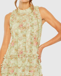 Mac Duggal 8484 Sage Multi floral tiered ruffle sleeveless midi trapeze dress - detail
