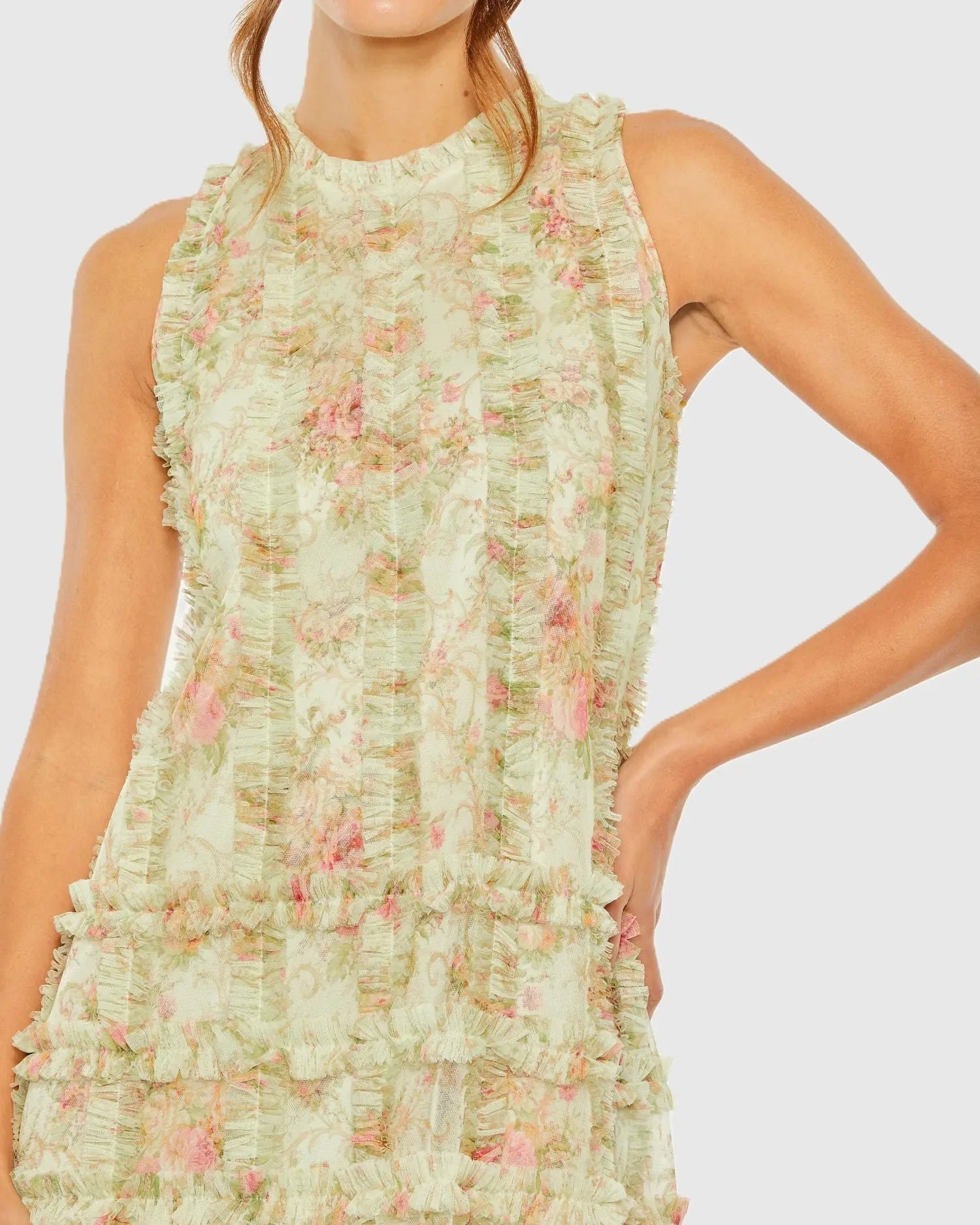 Mac Duggal 8484 Sage Multi floral tiered ruffle sleeveless midi trapeze dress - detail