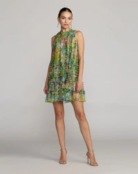 Mac Duggal #8488 Green Printed Sleeveless High Neck Ruffle Mini Dress
