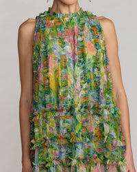 Green Multi Sleeveless High Neck Printed Mesh Mini Dress