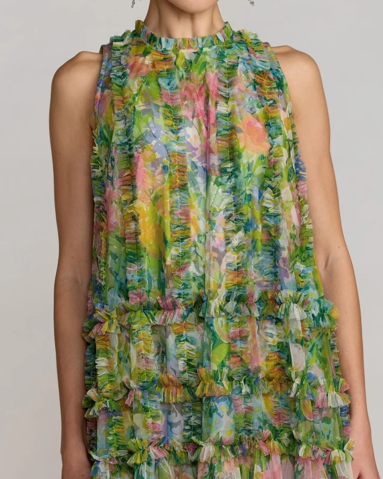 Green Multi Sleeveless High Neck Printed Mesh Mini Dress