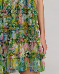Green Multi Sleeveless High Neck Printed Mesh Mini Dress
