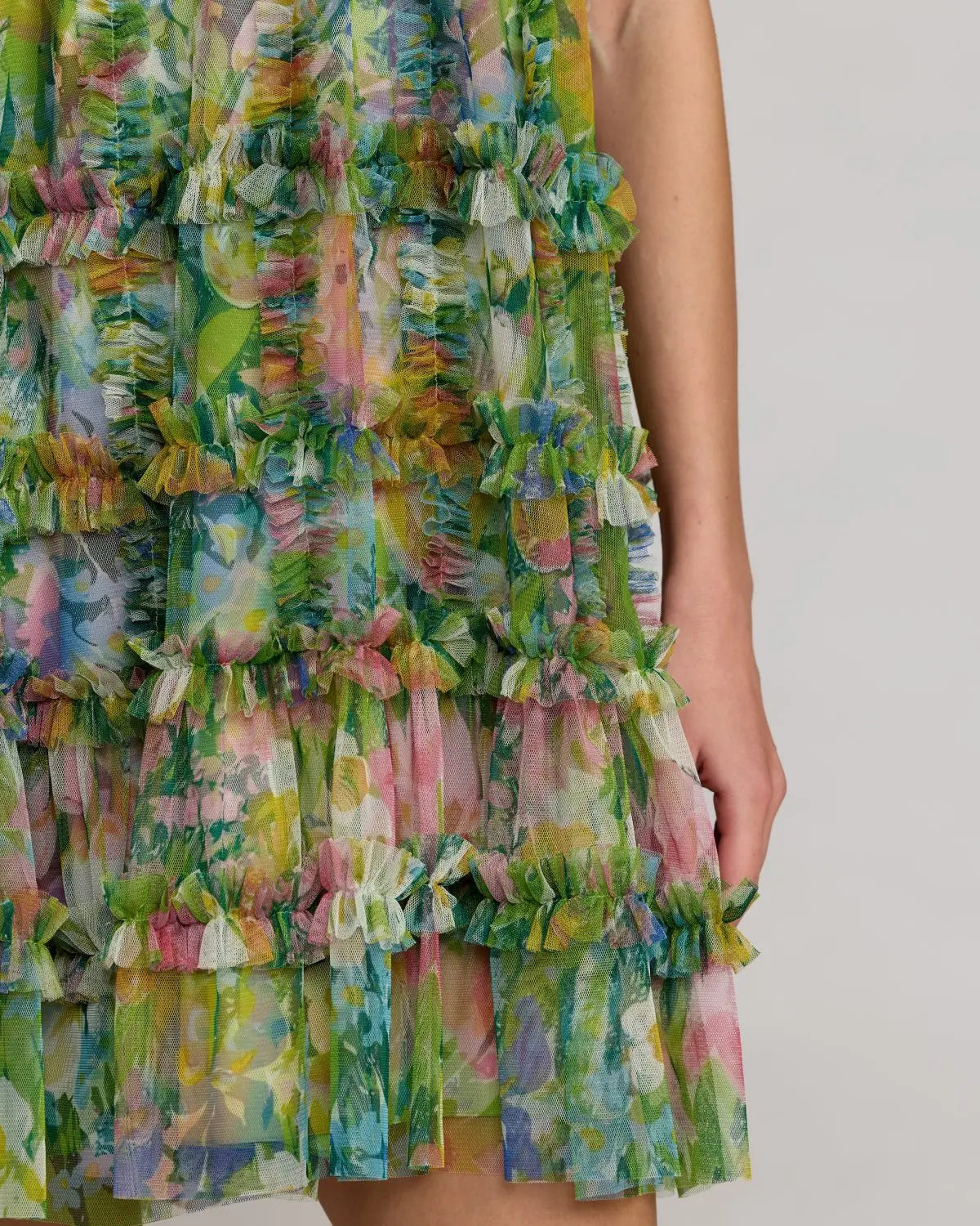 Green Multi Sleeveless High Neck Printed Mesh Mini Dress