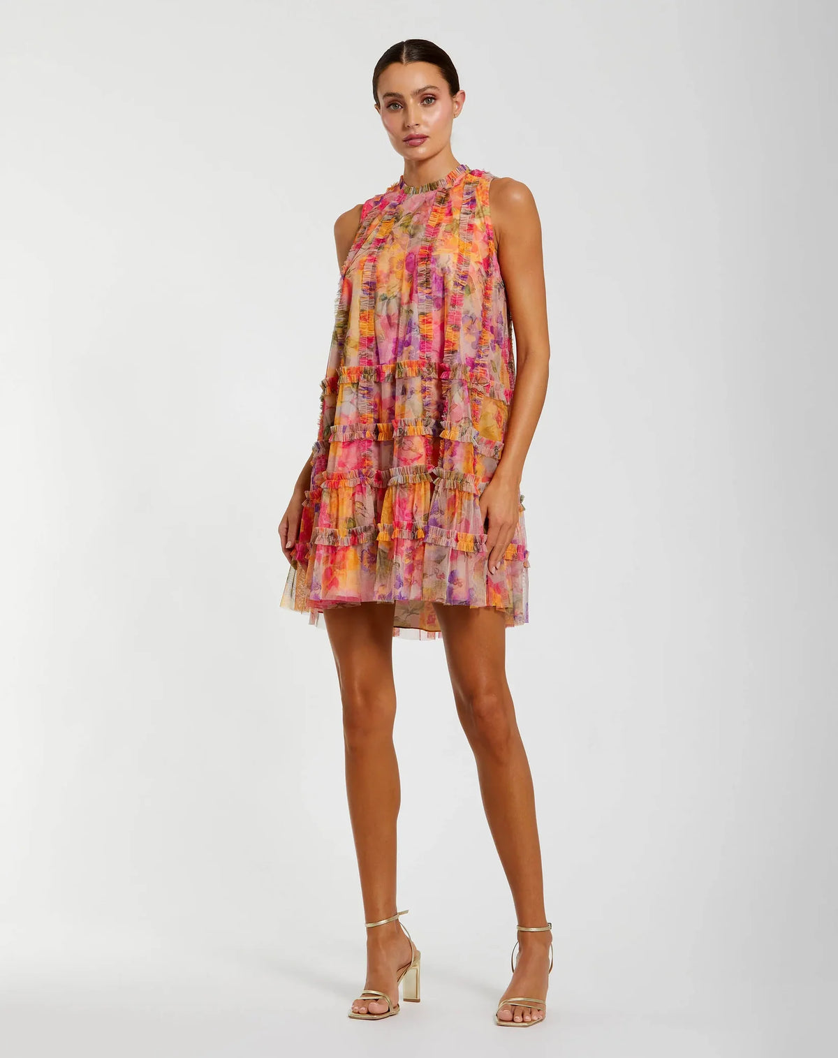 Mac Duggal #8488 Orange Printed Sleeveless High Neck Ruffle Mini Dress