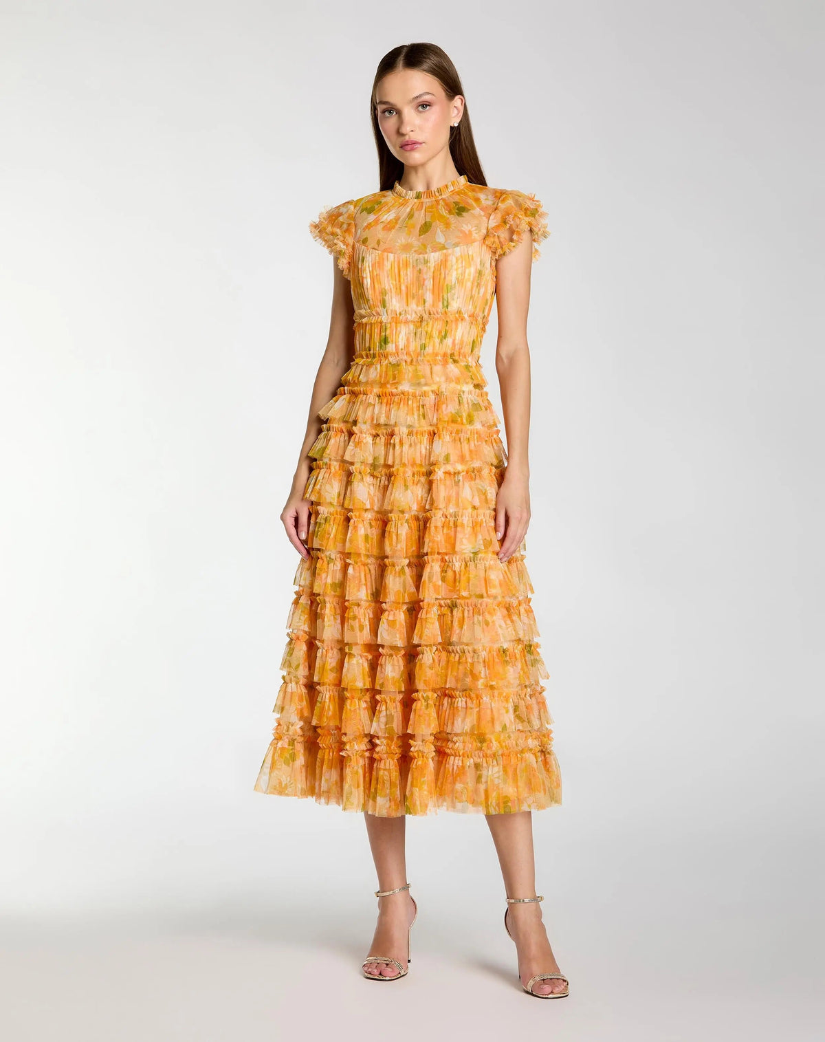 Mac Duggal #8497 yellow multi floral high neck flutter sleeve midi dress