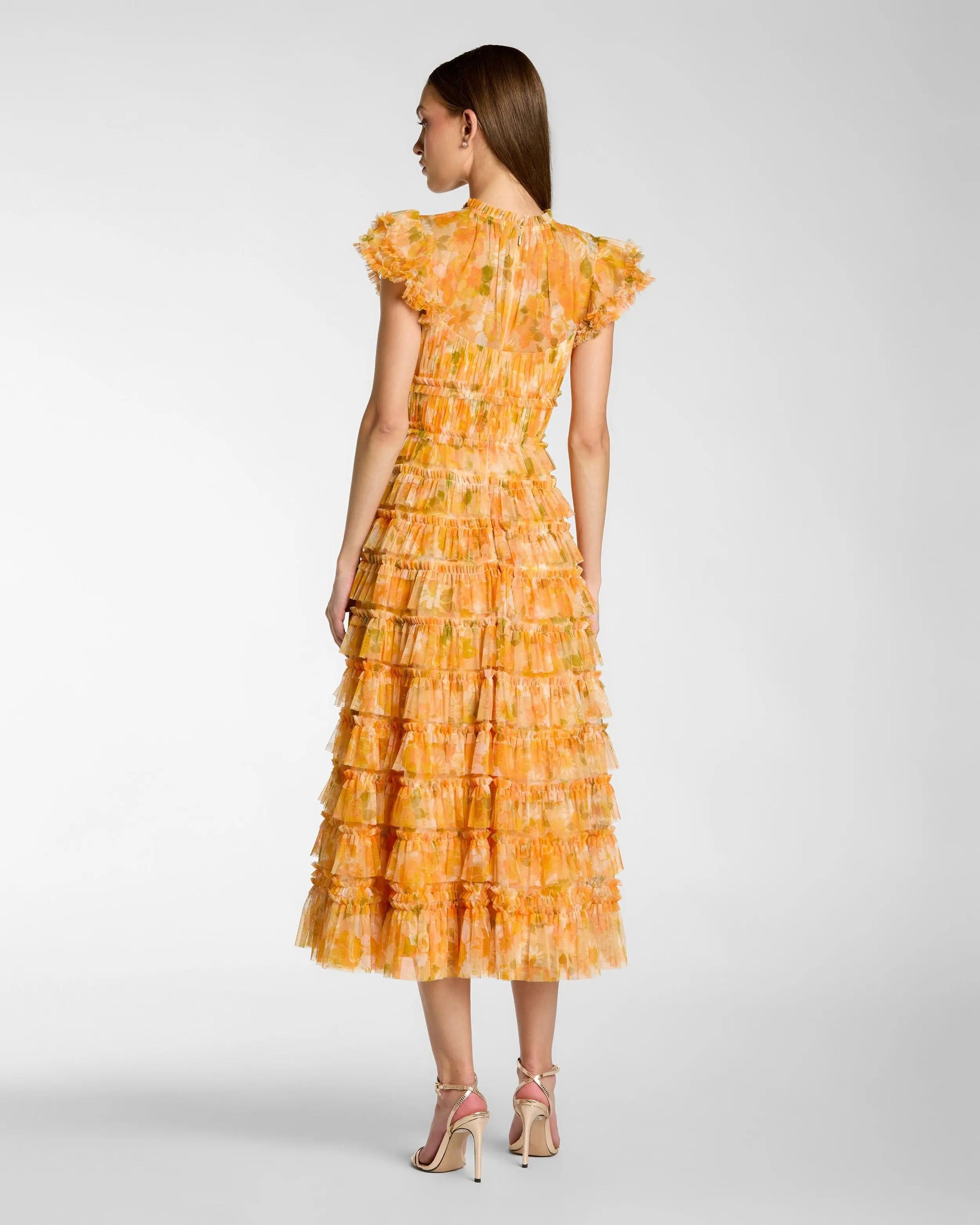 Mac Duggal #8497 yellow multi floral high neck flutter sleeve midi dress
