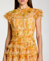 Mac Duggal #8497 yellow multi floral high neck flutter sleeve midi dress