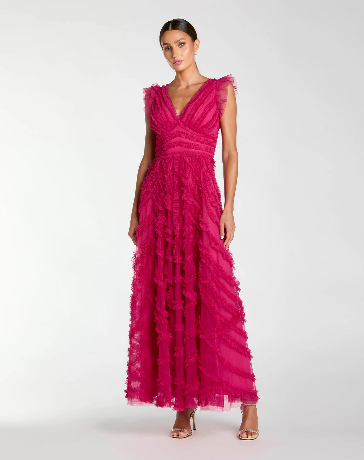 Mac Duggal Pink V-Neck Cap Sleeve Ruffle Maxi Dress #8498 Fuchsia