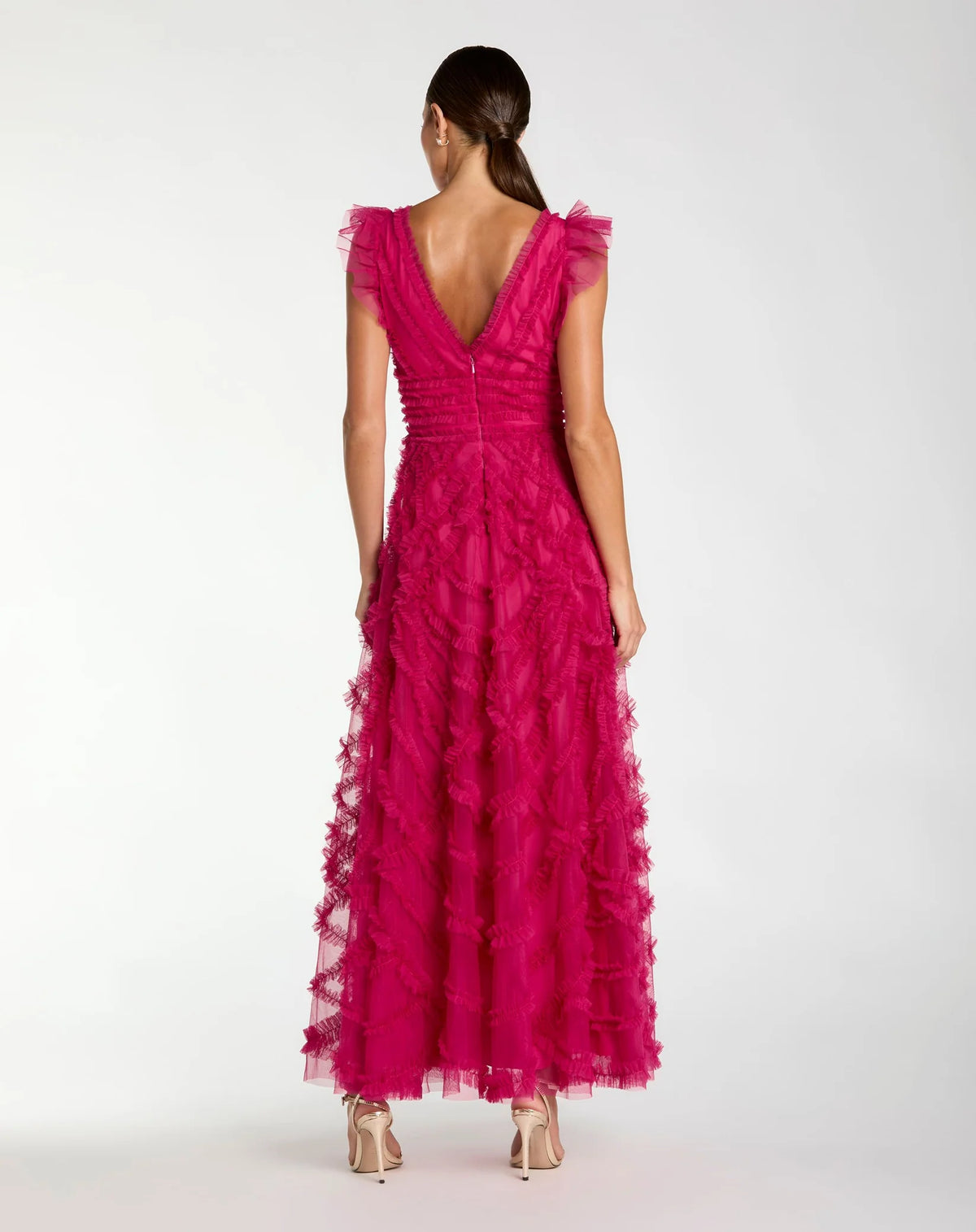 Mac Duggal Pink V-Neck Cap Sleeve Ruffle Maxi Dress #8498 Fuchsia