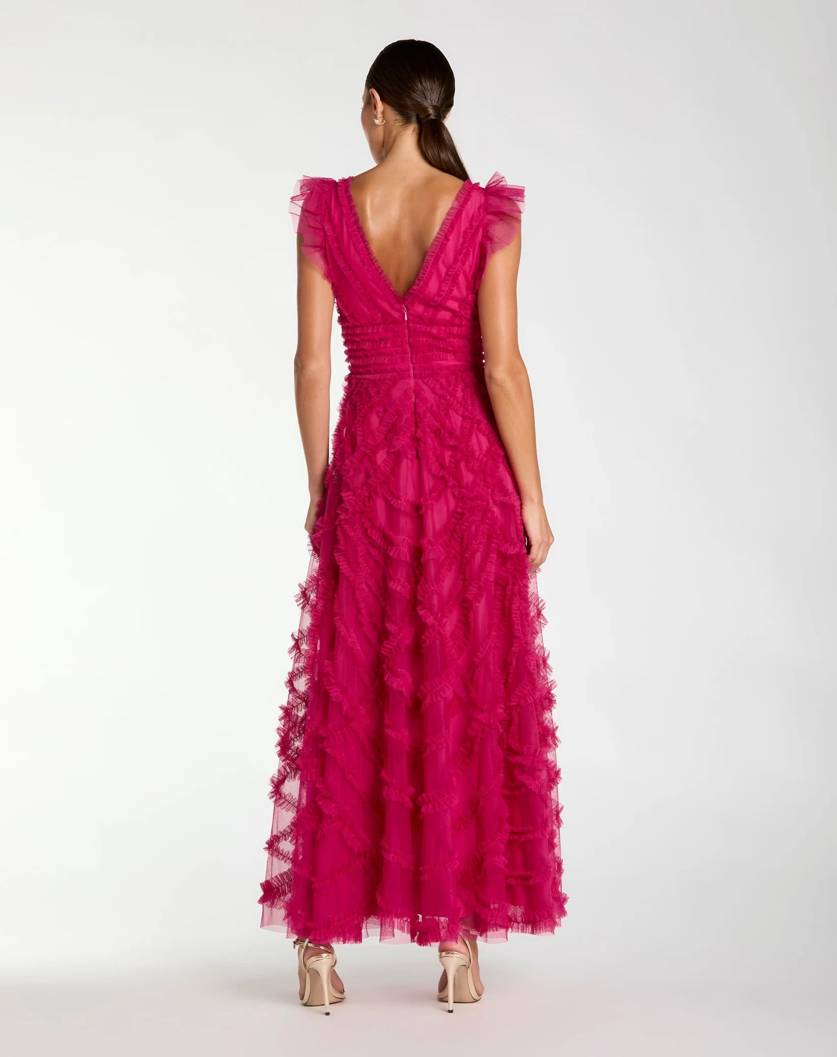 Mac Duggal Pink V-Neck Cap Sleeve Ruffle Maxi Dress #8498 Fuchsia