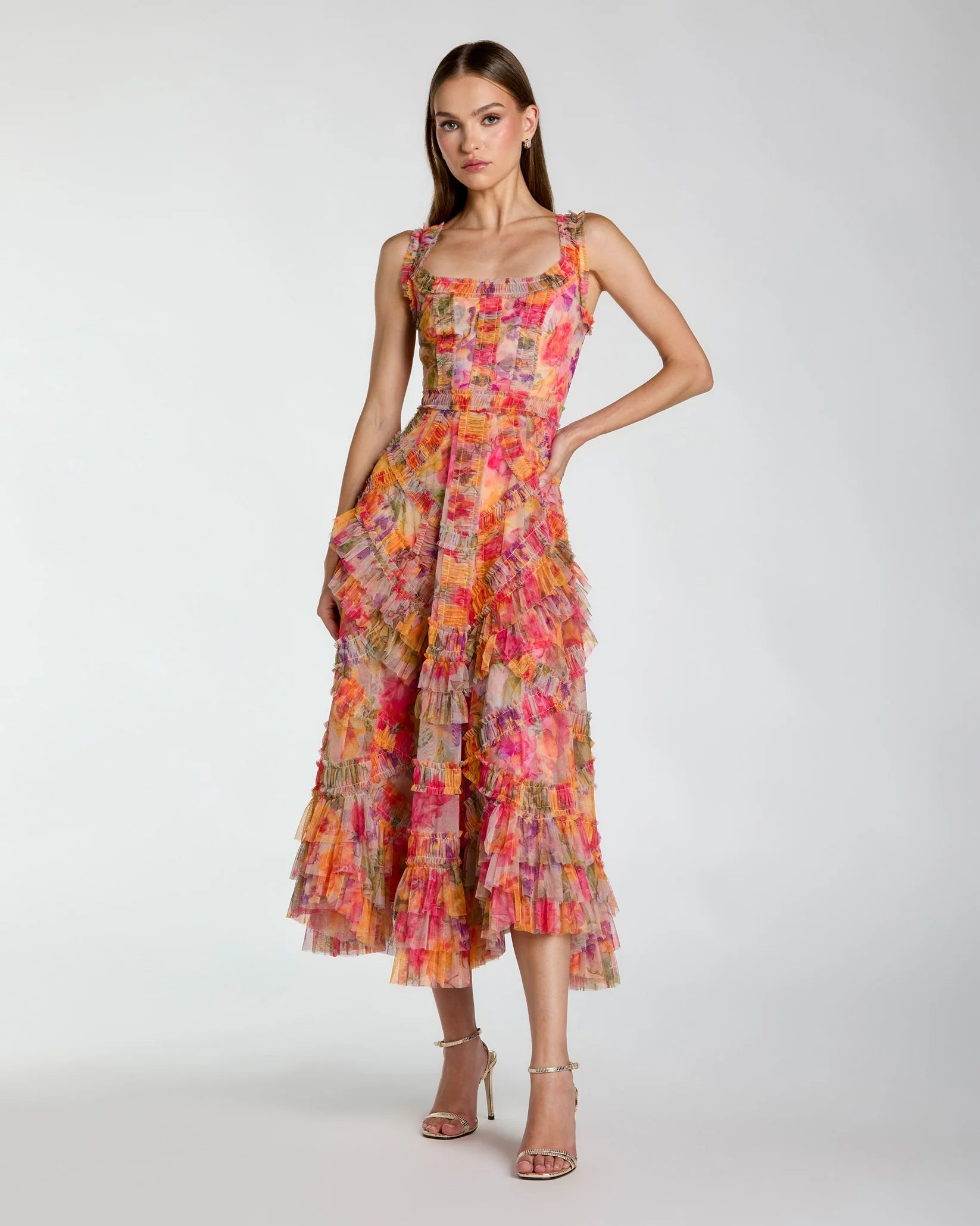 Mac Duggal Multicolor Floral Scoop Neck A-Line Ruffle Midi Dress #8499
