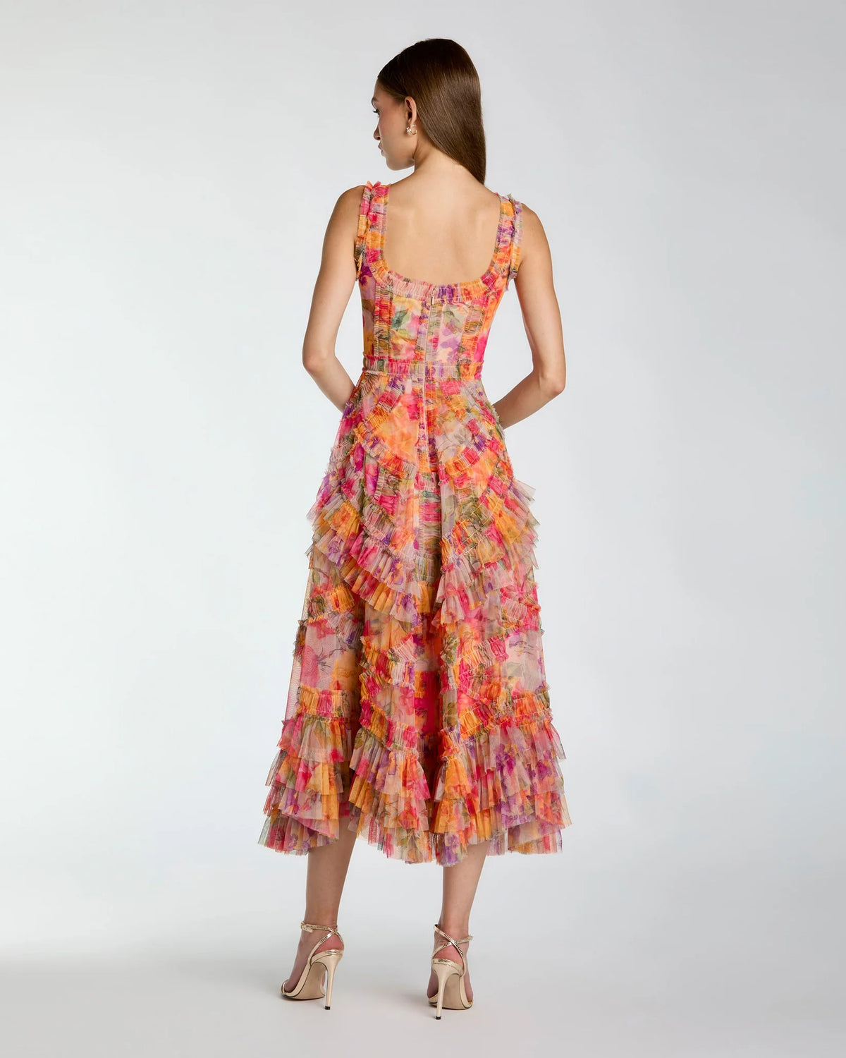 Mac Duggal Multicolor Floral Scoop Neck A-Line Ruffle Midi Dress #8499