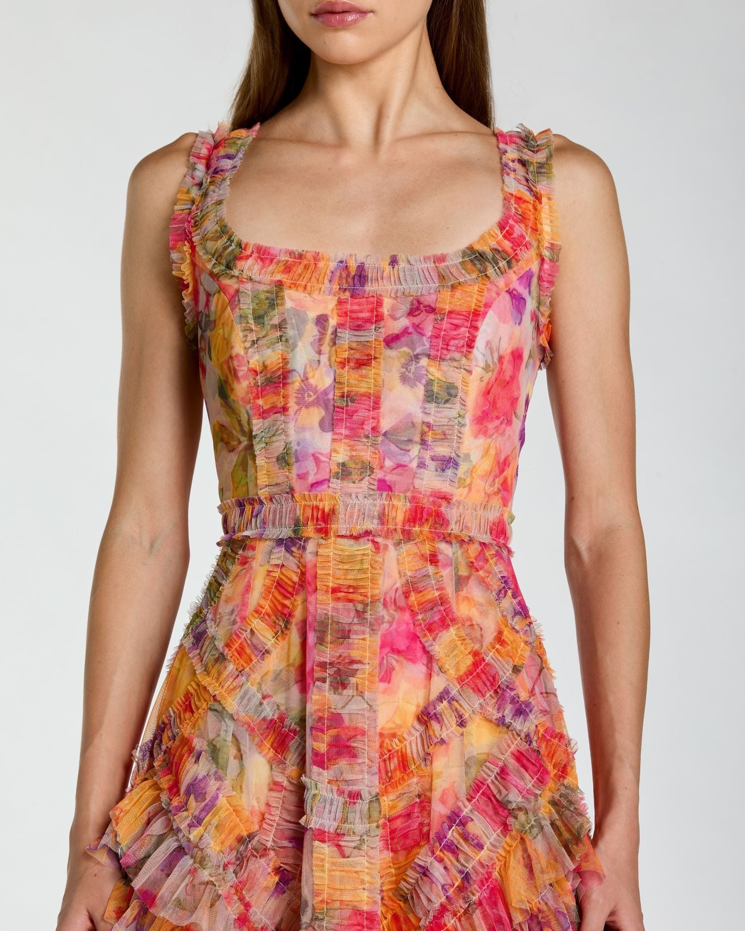 Mac Duggal Multicolor Floral Scoop Neck A-Line Ruffle Midi Dress #8499