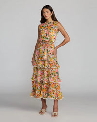 Mac Duggal #8500 multi floral tiered ruffle midi dress