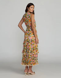 Mac Duggal #8500 multi floral tiered ruffle midi dress