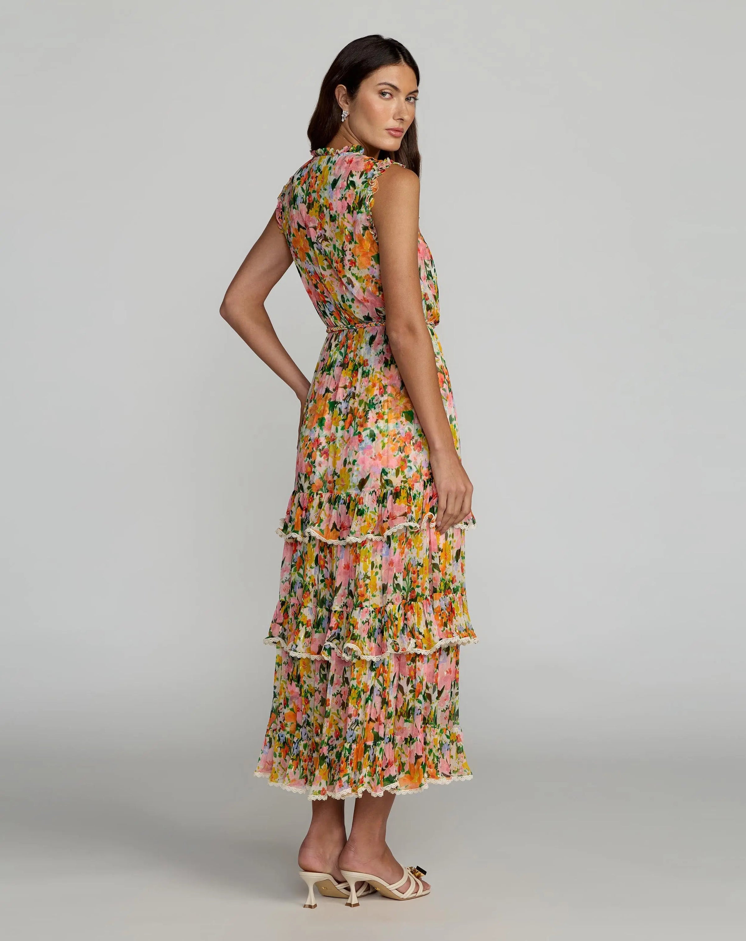 Mac Duggal #8500 multi floral tiered ruffle midi dress