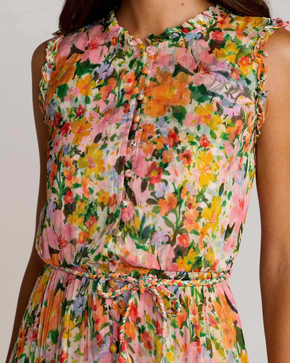 Mac Duggal #8500 multi floral tiered ruffle midi dress