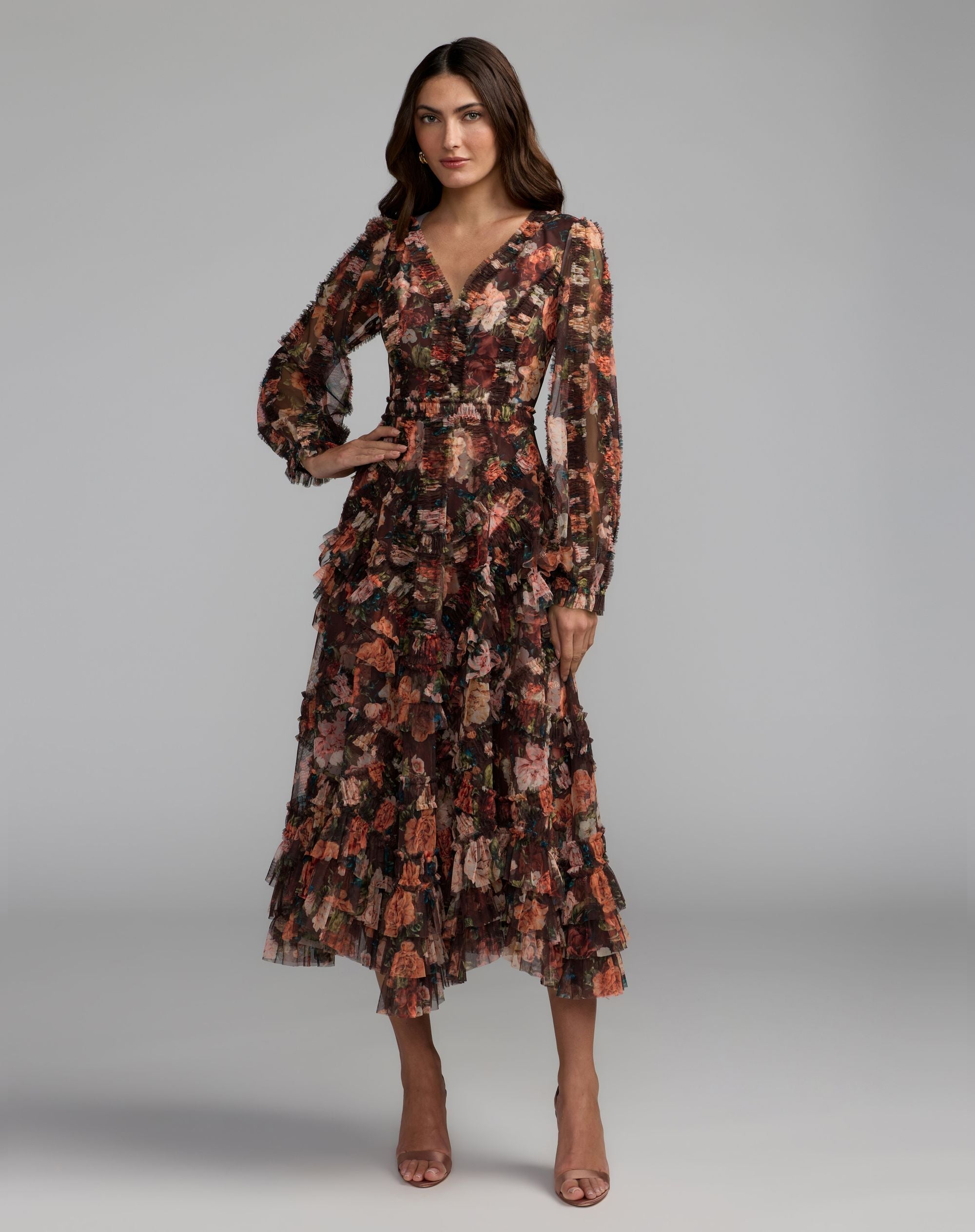 Mac Duggal #8509 chocolate multi floral long sleeve micro ruffle midi dress