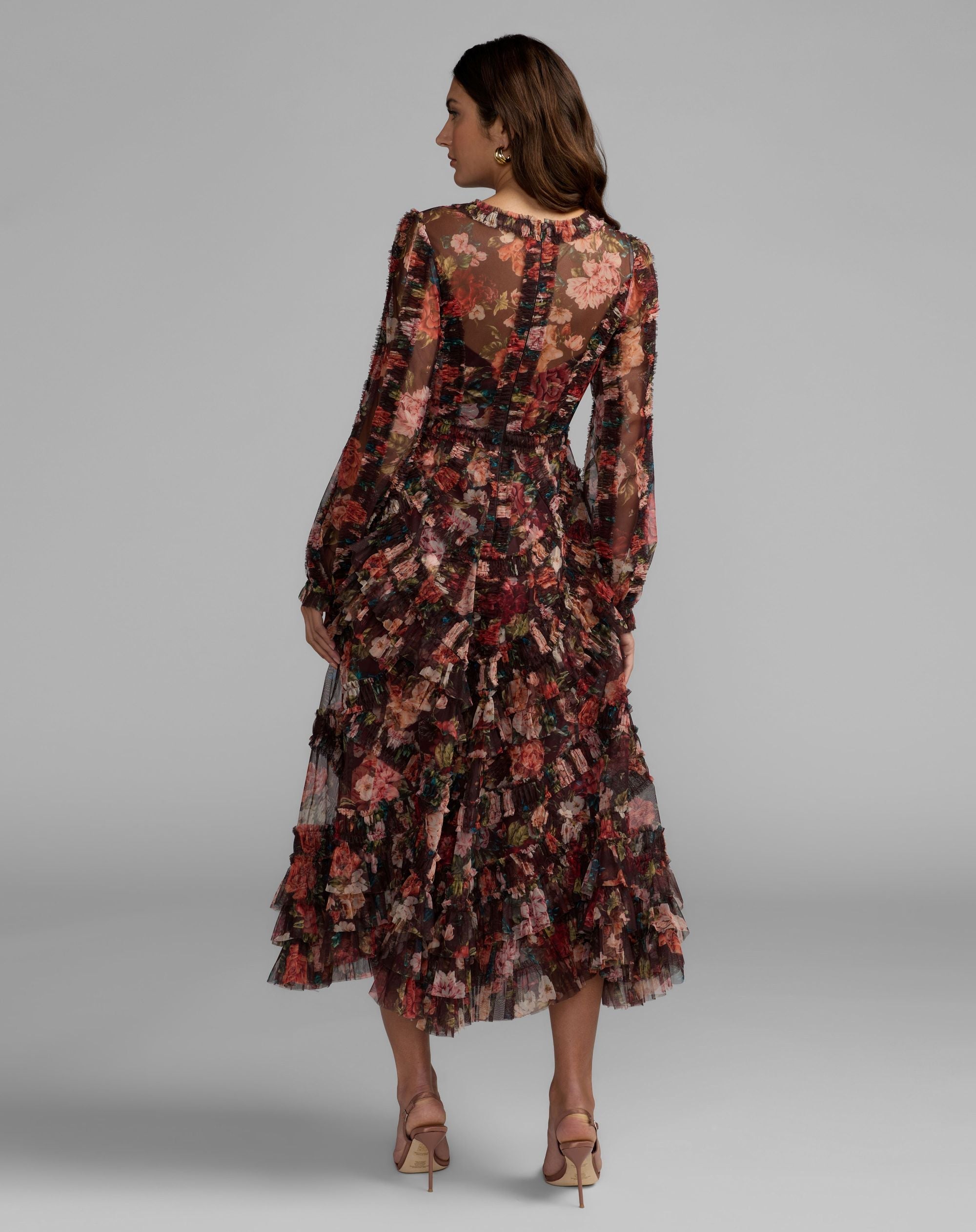 Mac Duggal #8509 chocolate multi midi dress back view