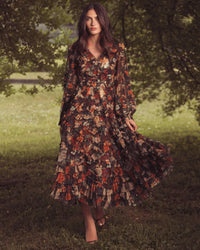 Mac Duggal #8509 chocolate multi floral midi dress lifestyle