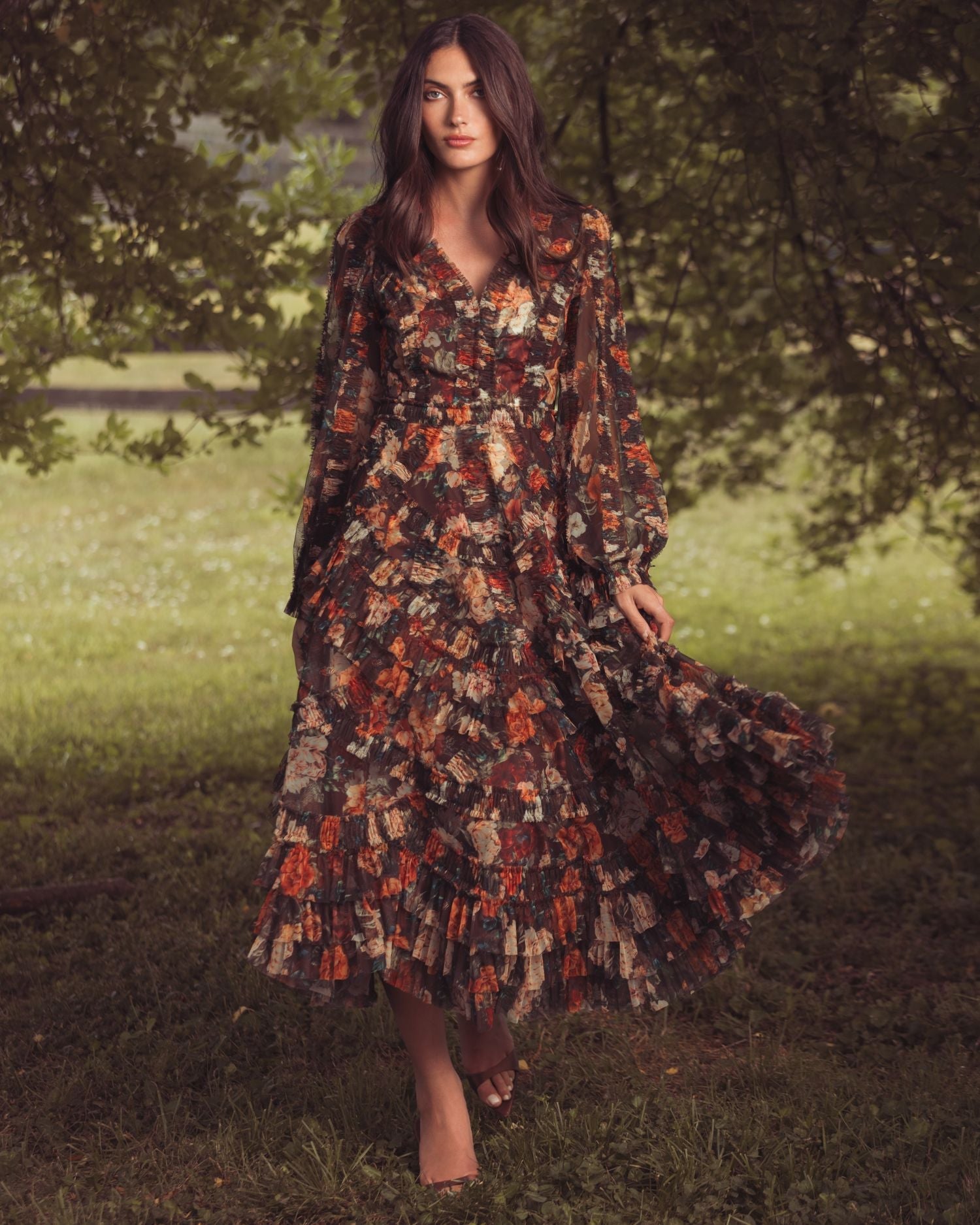Mac Duggal #8509 chocolate multi floral midi dress lifestyle